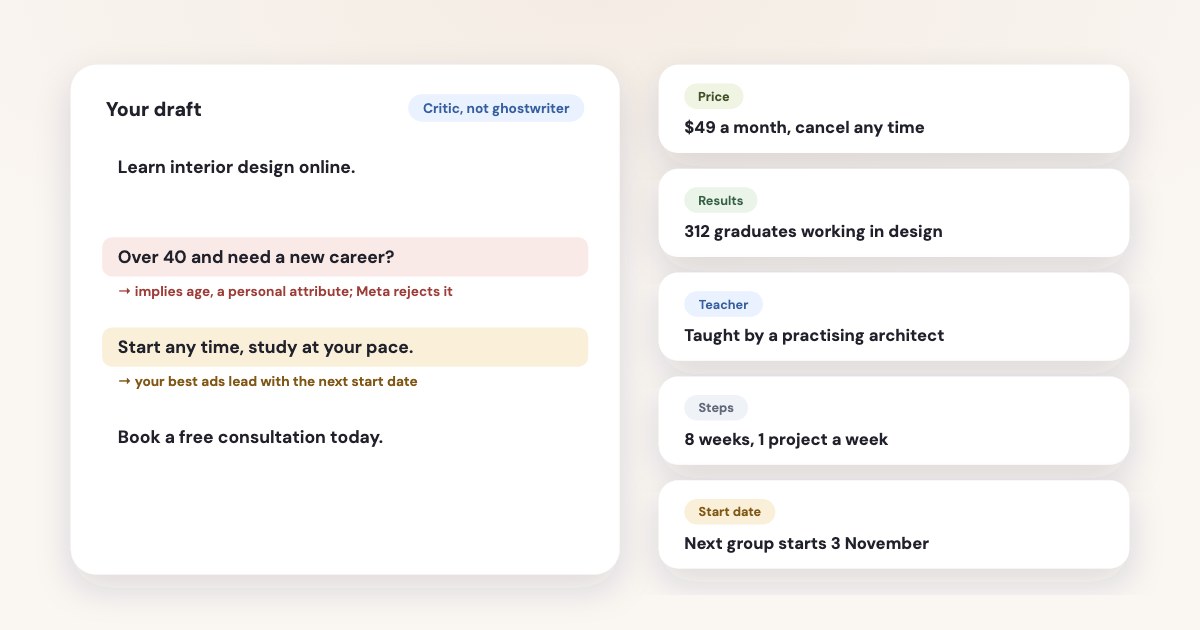 A draft ad text with an assistant’s margin notes quoting the advertiser’s own results, next to five ad cards each leading with a different fact — price, results, teacher, steps, next start date.