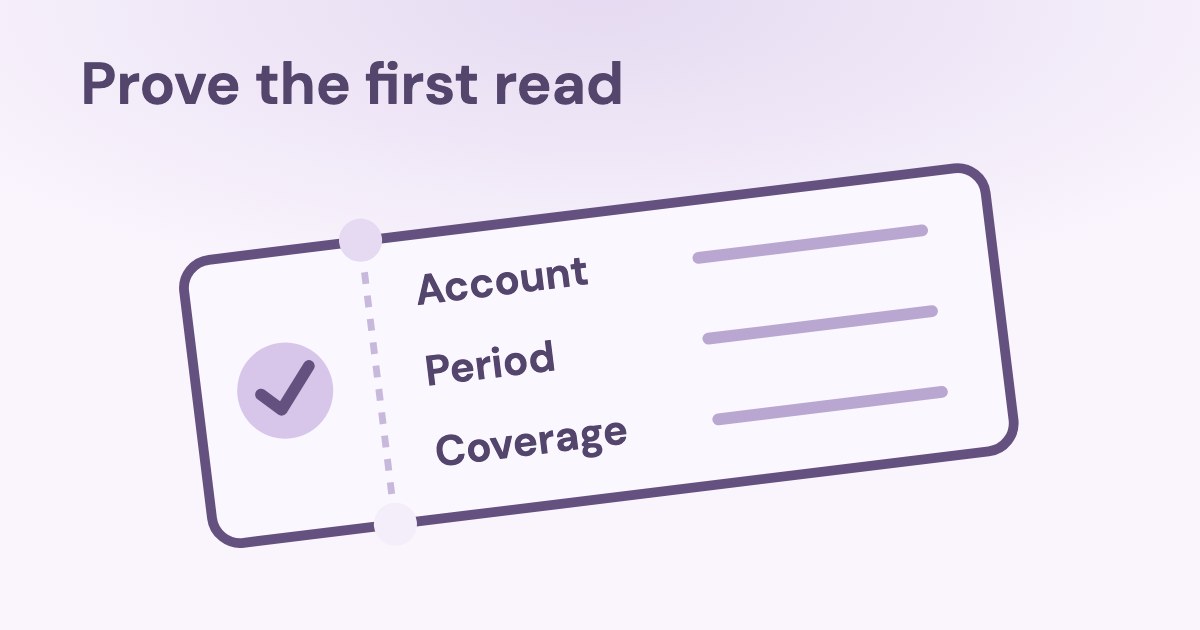 A tilted lilac entry ticket with a check symbol and three large fields labelled Account, Period and Coverage, on a pale lavender background.