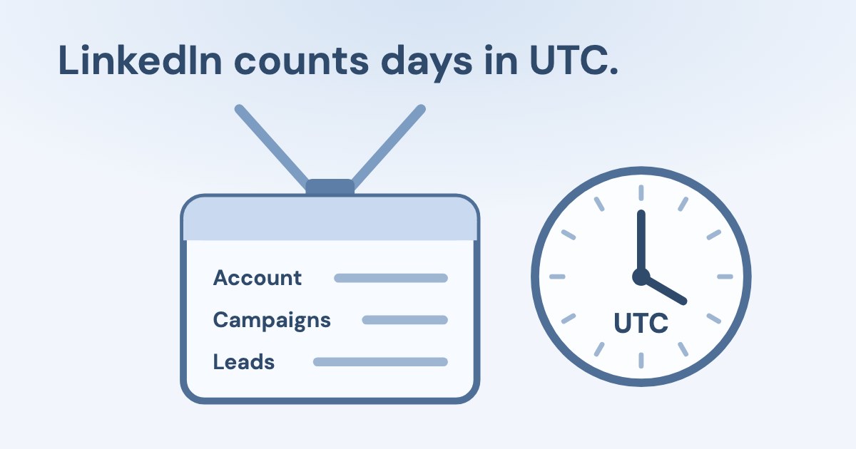 A blue conference badge on a lanyard listing Account, Campaigns and Leads next to a wall clock marked UTC, on a pale blue background.
