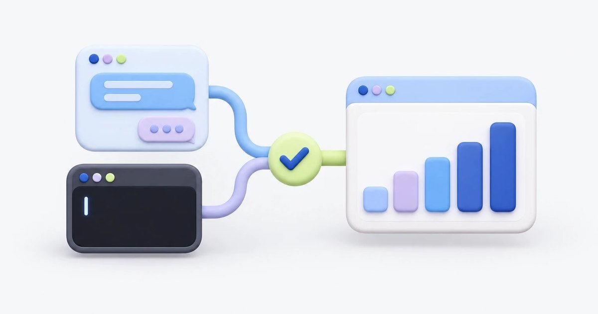 A chat window and a terminal joined through an approval check mark to an ad dashboard.