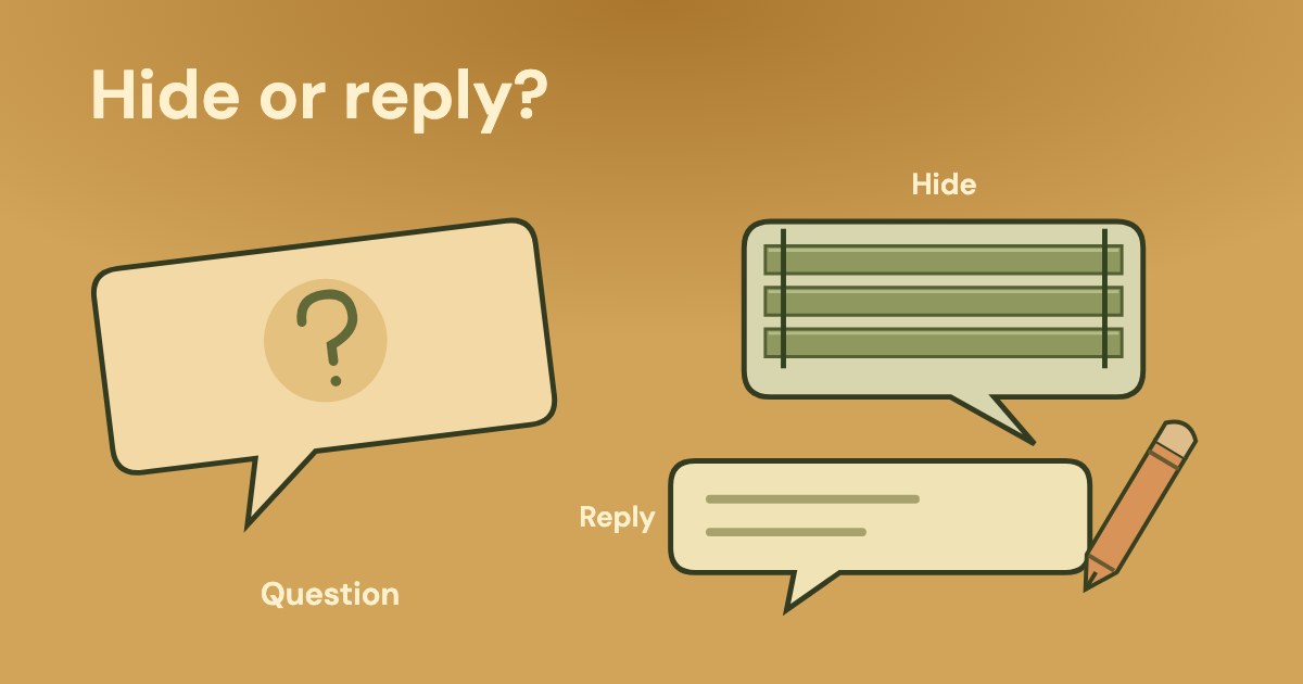 A question bubble sits beside a separate bubble behind louvres and a pencil beside a reply bubble on an ochre background.