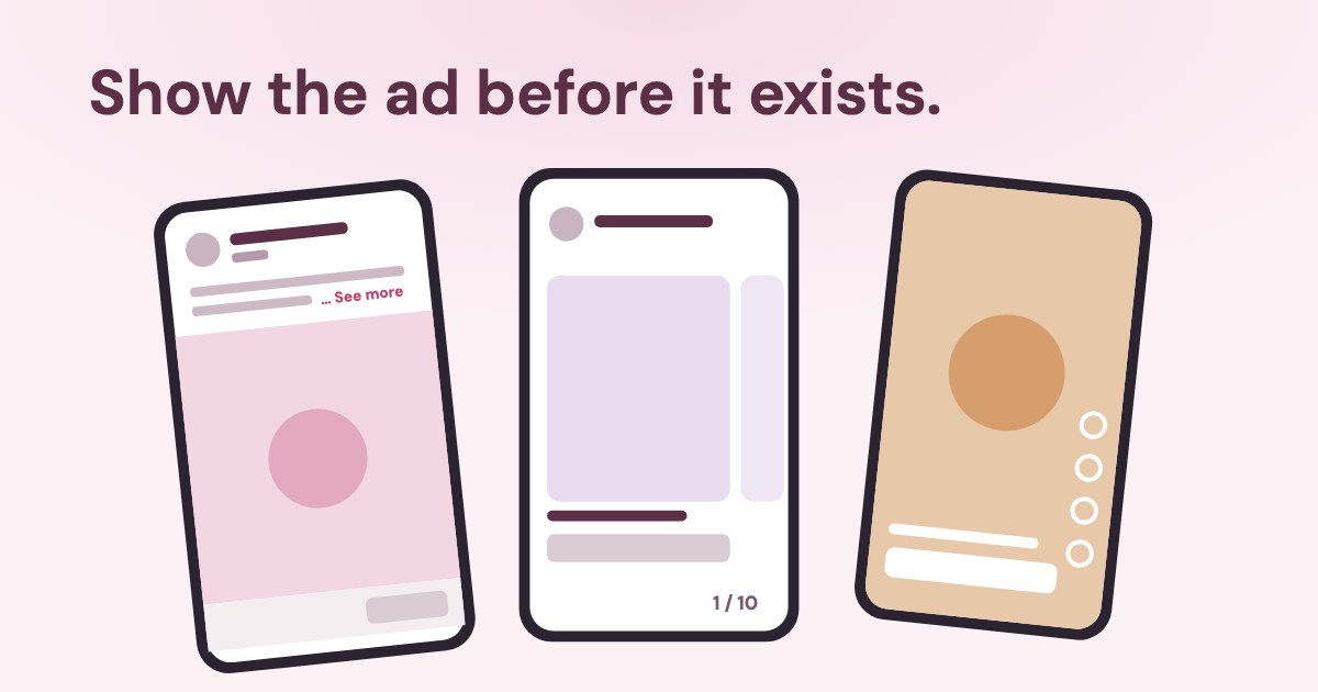 Three schematic phones in a fan — a feed ad, a carousel showing card 1 of 10 and a vertical Reels ad — with the point where the text is cut highlighted, on a pale pink background.