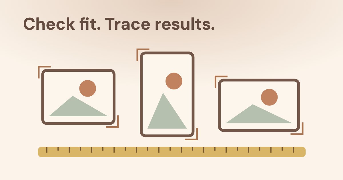 Three differently shaped creative frames with crop marks above a large measuring ruler, on a warm oat background.