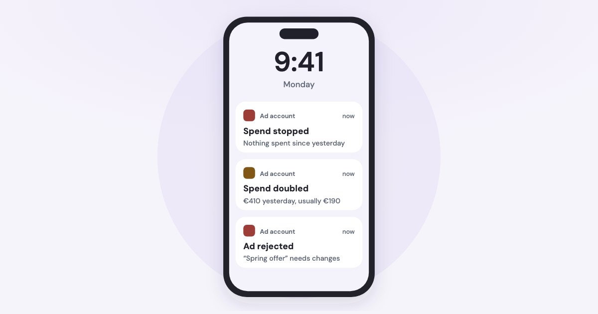 A phone lock screen with three ad account alerts: spend stopped, spend doubled and ad rejected.
