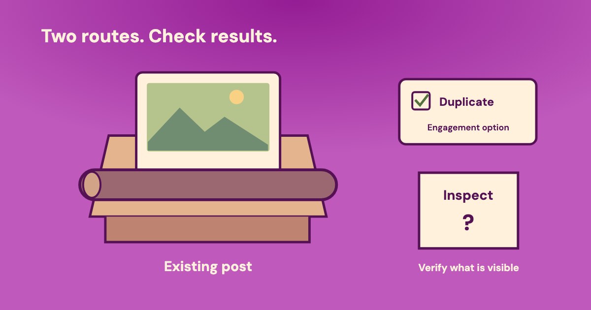 A post card passes through a printing roller beside a separate duplication checkbox and an inspection ticket on an orchid background.