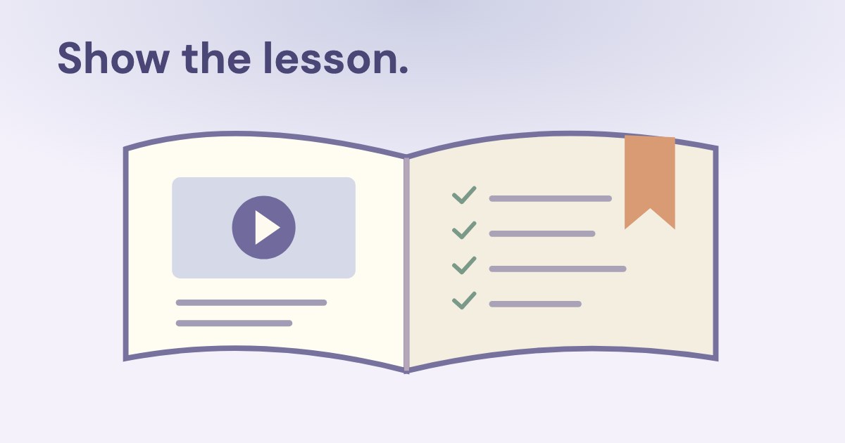 An open lesson workbook with a play symbol, checked exercises and a peach bookmark on a soft periwinkle background.