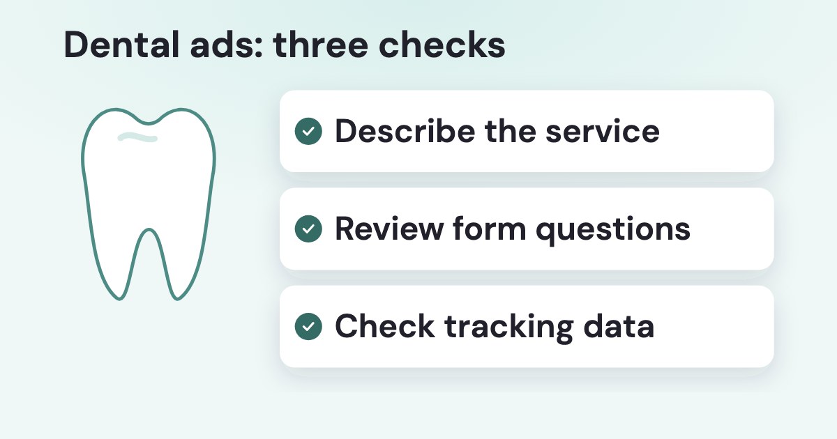 A tooth illustration beside three large check marks labelled Describe the service, Review form questions and Check tracking data.