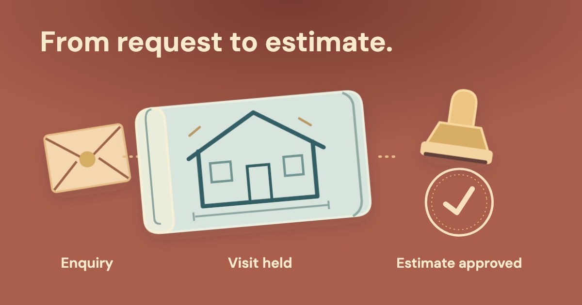 An enquiry envelope leads to a rolled home-project plan and a separate approval stamp on a deep terracotta background.