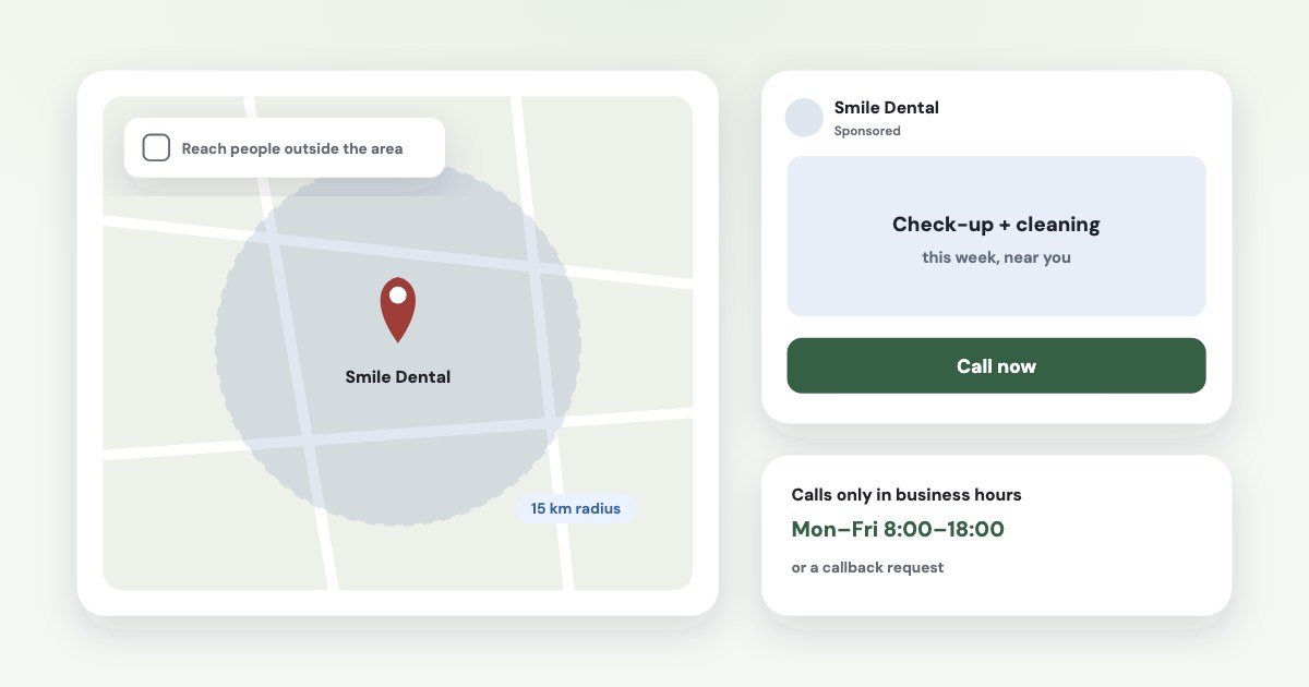 A map pin with a 15 km radius around a clinic, a call ad with a Call now button and business hours, and a ticked location expansion box crossed out.