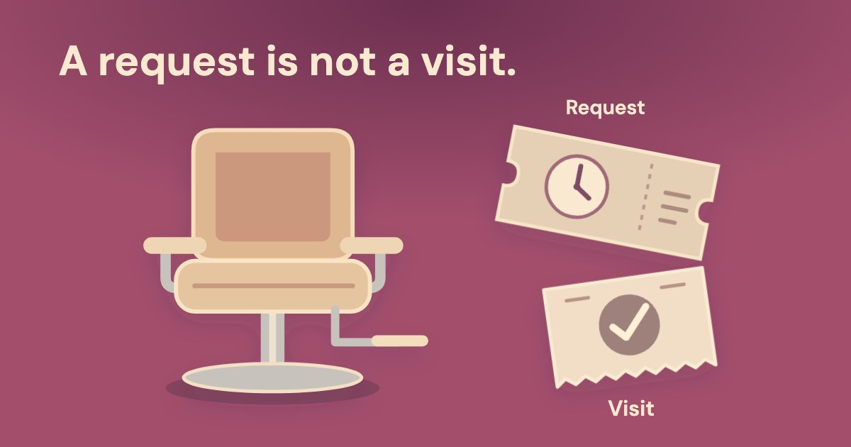 A stylist chair sits beside an angled request ticket with a clock and a separate checked visit receipt on a berry-wine background.