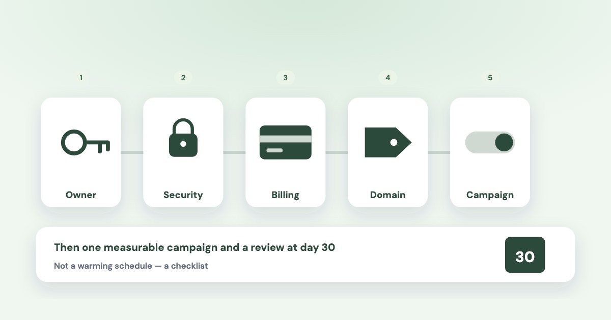 Five checklist cards in a row — owner key, security lock, billing card, domain tag and campaign switch — above a day-30 review note.