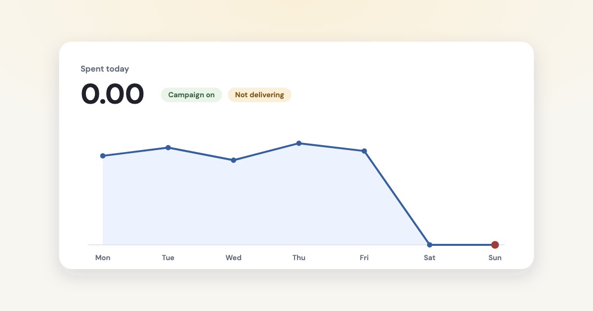 A week of daily spend that drops to 0.00 on the weekend while the campaign is on and marked not delivering.