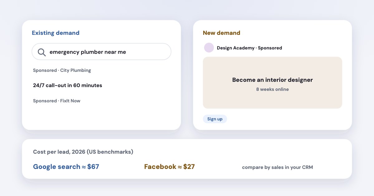 A Google search for an emergency plumber beside an Instagram feed ad for a design course — existing demand versus new demand — with 2026 cost per lead of about $67 on search and $27 on Facebook.