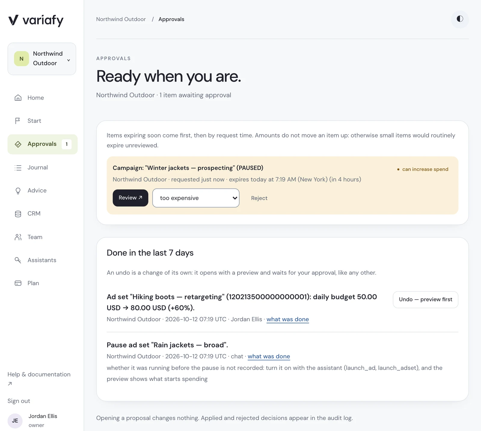 Approvals page in the Variafy console: a campaign launch waiting for approval, and changes applied this week — a budget increase approved by the account owner with an undo button, and an ad set paused from chat