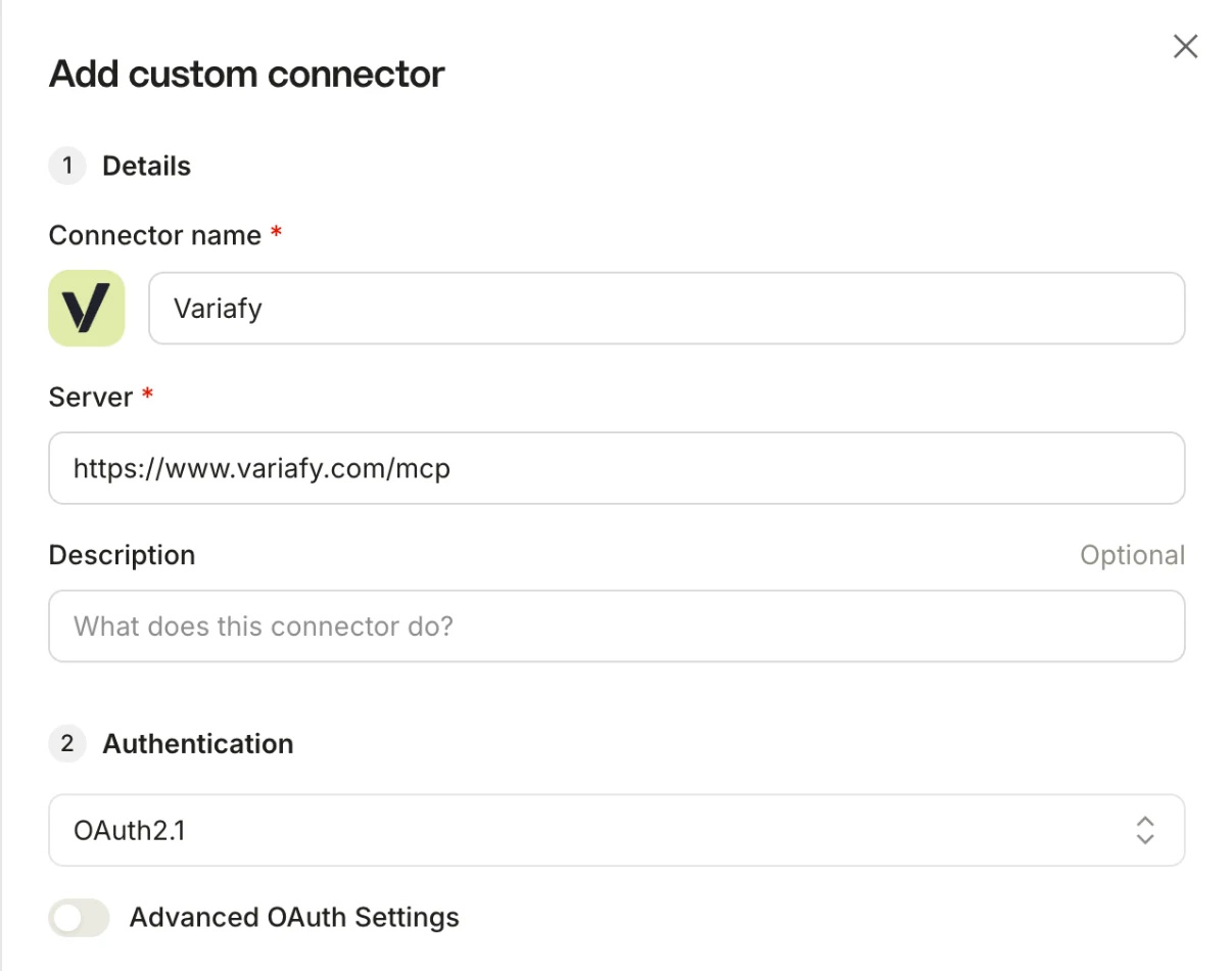 Mistral Vibe’s Add custom connector panel: connector name Variafy, server https://www.variafy.com/mcp, an empty optional description, and Authentication detected as OAuth2.1