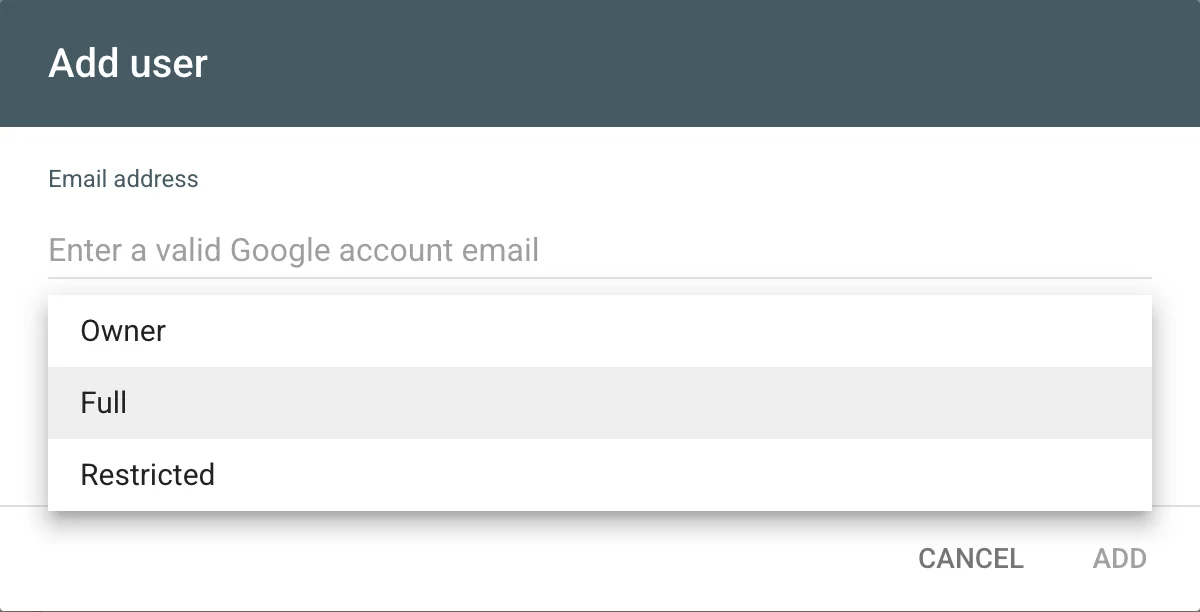 Search Console’s Add user dialog with an email field and the permission list open showing Owner, Full and Restricted