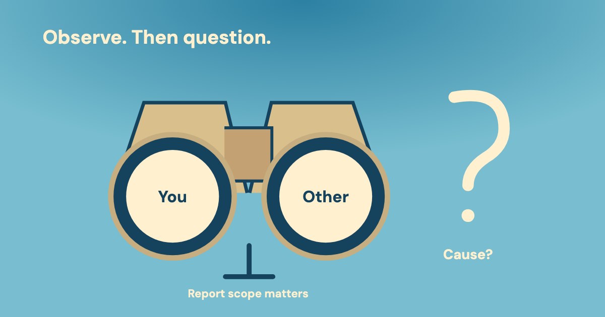 A pair of binoculars focuses on two separate auction observations beside a question-mark marker on a cool blue background.
