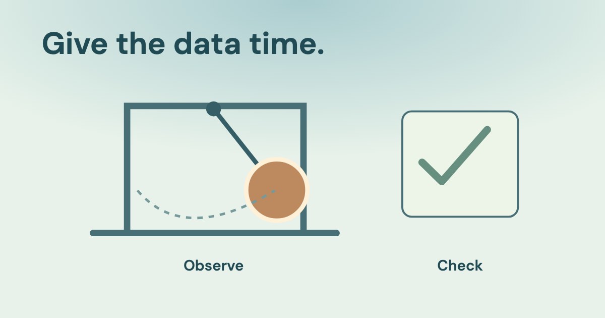 A copper pendulum swings inside a blue frame beside a separate checkpoint card on a muted teal background.