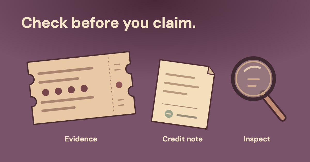 A punched click-evidence ticket is inspected beside a separate credit note on a cool burgundy background.
