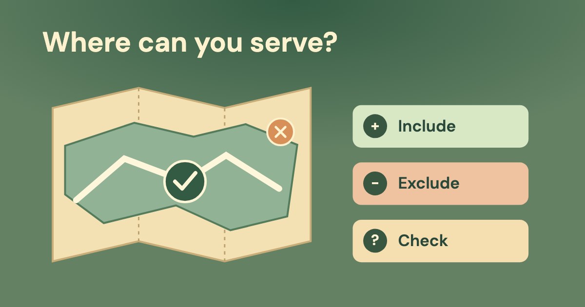 A folded service-area map sits beside separate Include, Exclude and Check cards on a deep green background.