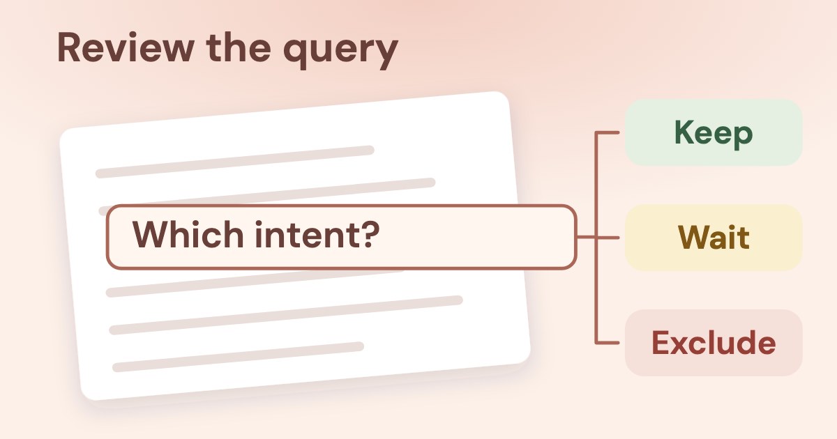 A large query sheet with a review window and the three possible decisions: Keep, Wait and Exclude, on a warm coral background.