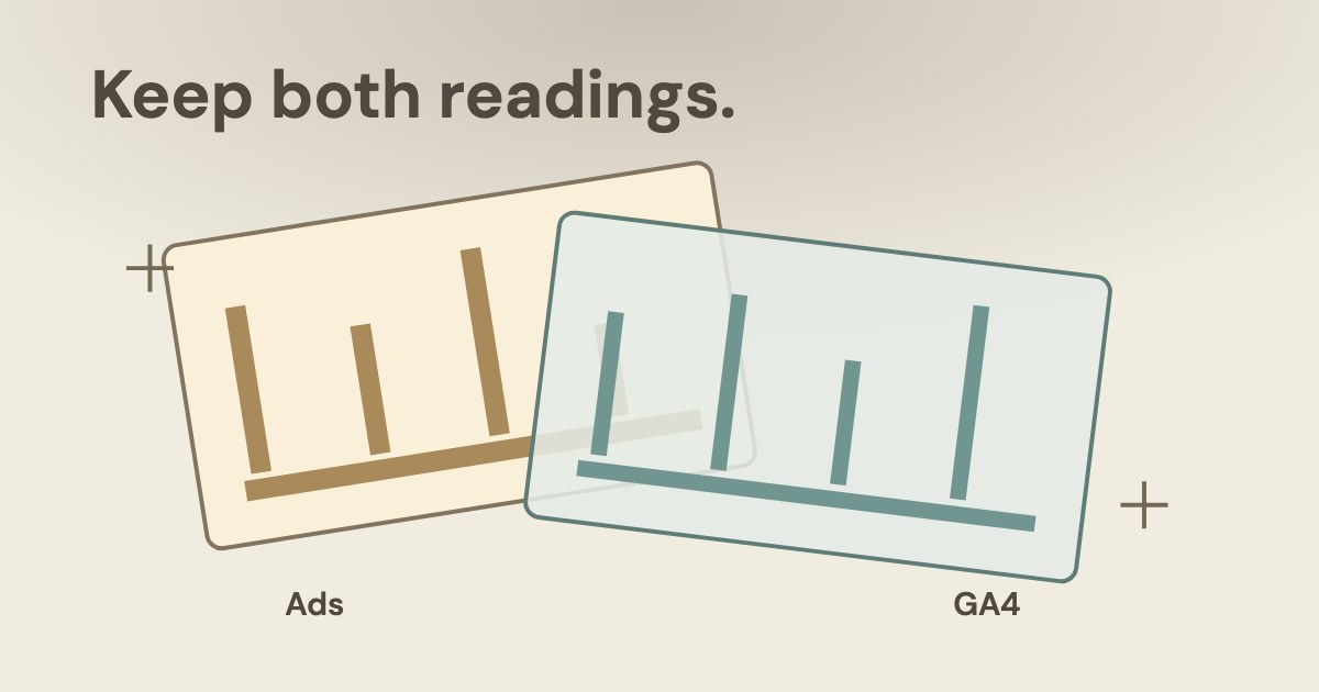 Two translucent tracing sheets with different measurement marks overlap while their Ads and GA4 labels remain separate on a warm grey background.