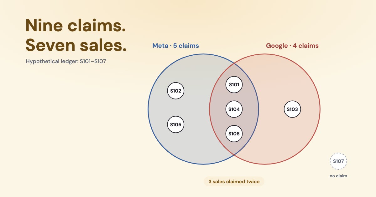 Two overlapping circles, Meta with 5 claims and Google with 4, around seven sale labels: three sit in the overlap and one lies outside both, on a warm sand background.