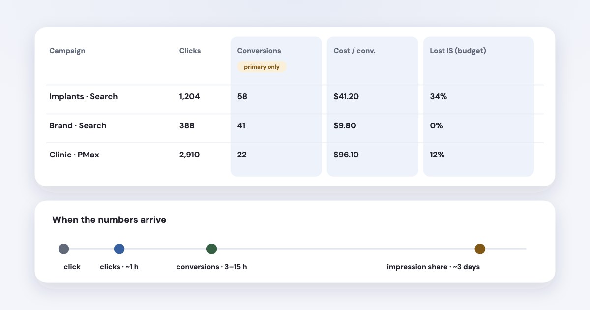 A Google Ads campaign table with Conversions, Cost per conversion and Search lost impression share to budget highlighted, and a timeline of data freshness: clicks within an hour, conversions in 3 to 15 hours, impression share about 3 days later.
