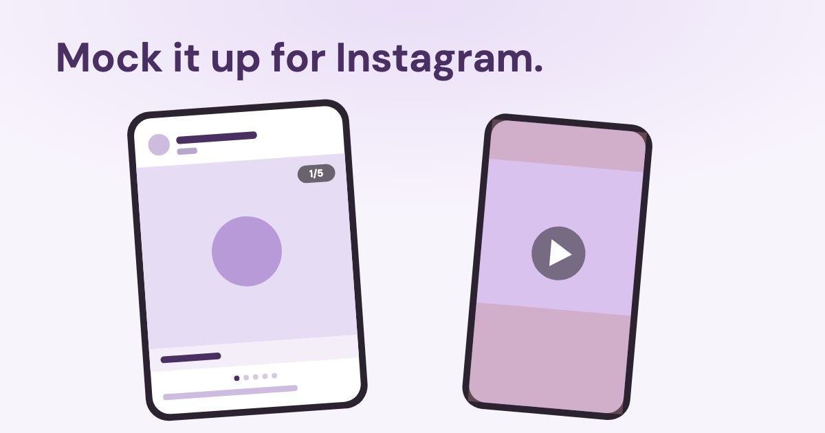A schematic phone showing a portrait ad card with a 1/5 counter and carousel dots, beside a tall Reels frame with a play sign and safe-zone margins, on a pale violet background.