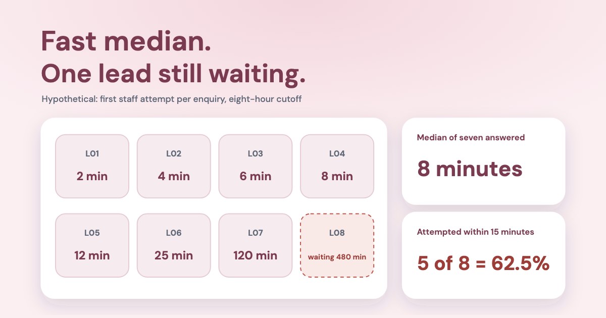 Eight enquiry markers on a timeline, seven answered and one still waiting, beside an 8-minute median and 62.5% within 15 minutes, on a pale rose background.