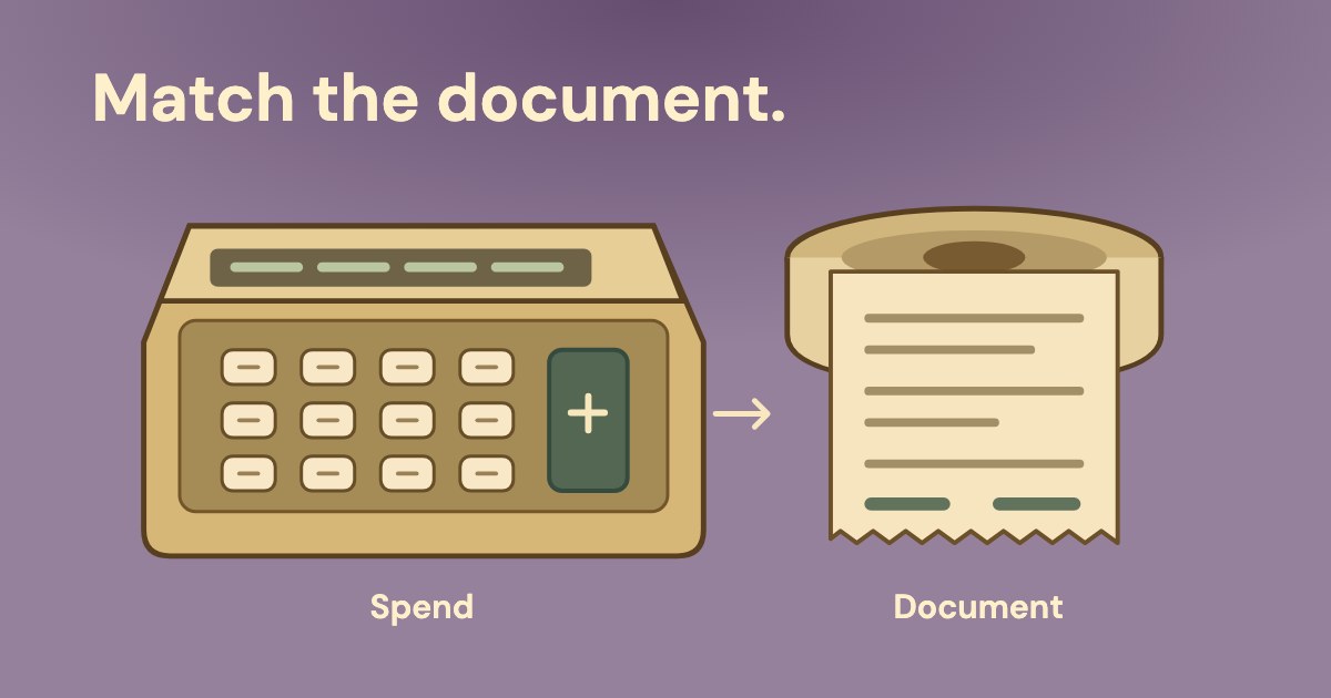 A mechanical adding machine sits beside a rolled paper receipt, with spend and document shown separately on a plum background.