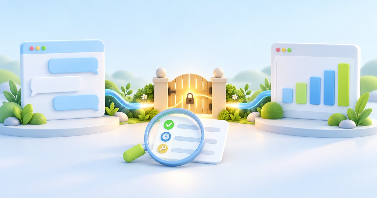 A chat window and an ad dashboard joined through a locked garden gate, with a magnifier over a checklist.