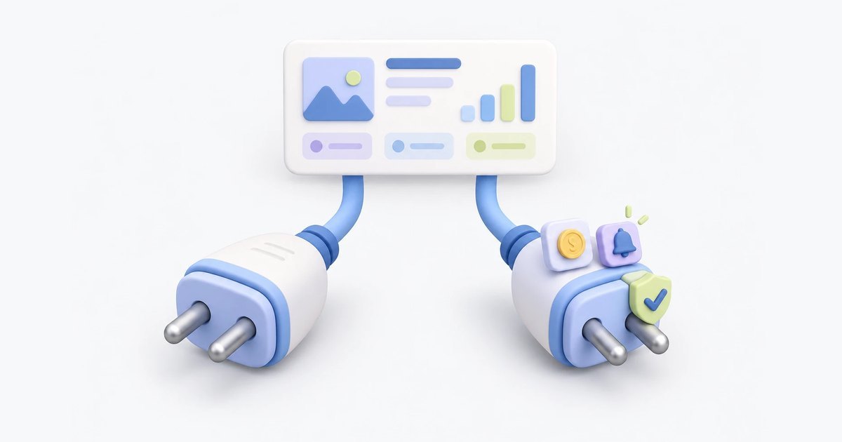 Two plugs leading to the same ad dashboard: a plain one and one with add-ons for revenue, alerts and approval.