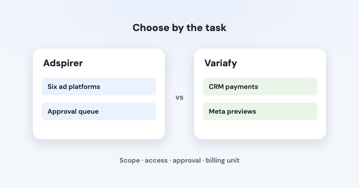 Two cards separate cross-platform launches and approval queues from CRM payments and previewed Meta changes.